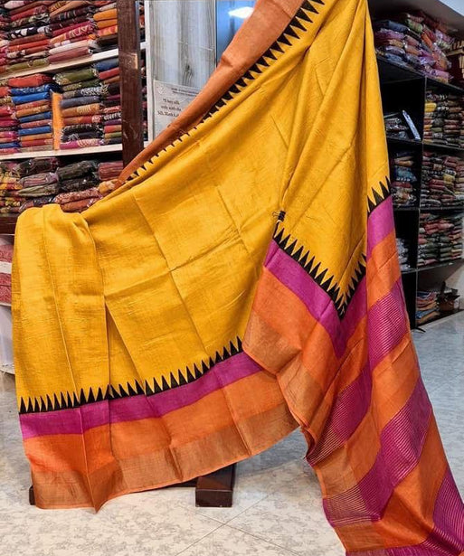 Tussar Handprint Sarees with Kanchi Pallu in Mustard