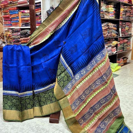 Tussar Handprint Sarees with Kanchi Pallu in Royal blue