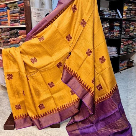 Tussar Handprint Sarees with Kanchi Pallu in mustard