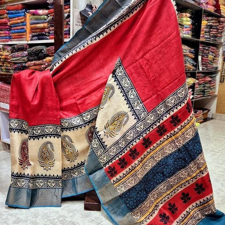 Tussar Handprint Sarees with Kanchi Pallu in Red