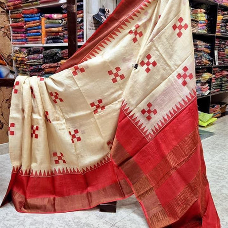 Tussar Handprint Sarees with Kanchi Pallu in Red&White