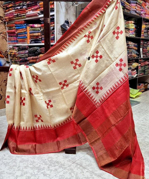 Tussar Handprint Sarees with Kanchi Pallu in Red&White
