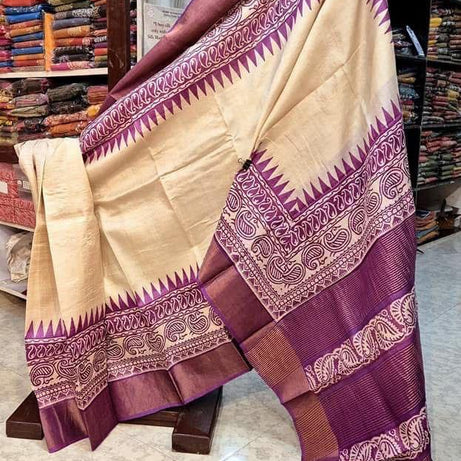 Tussar Handprint Sarees with Kanchi Pallu in Light Purple