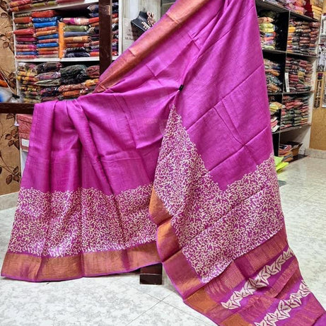 Tussar Handprint Sarees with Kanchi Pallu in Purple