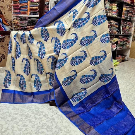 Tussar Handprint Sarees with Kanchi Pallu in Blue