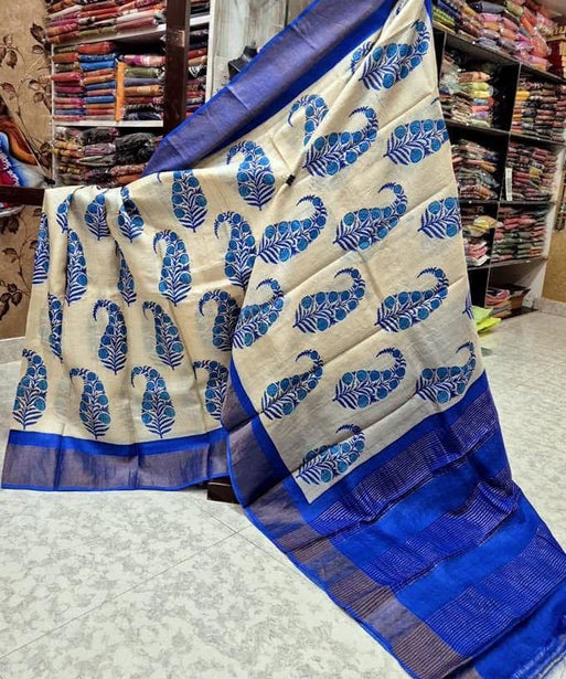 Royal Elegance: Blue Tussar Handprint Sarees with Kanchi Pallu