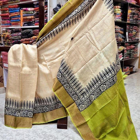 Tussar Handprint Sarees with Kanchi Pallu in off white