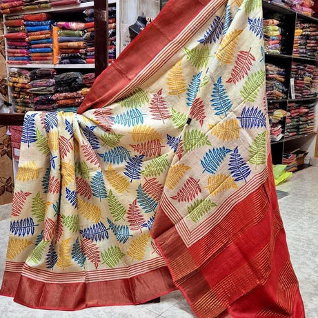 Tussar Handprint Sarees with Kanchi Pallu in Multicolor