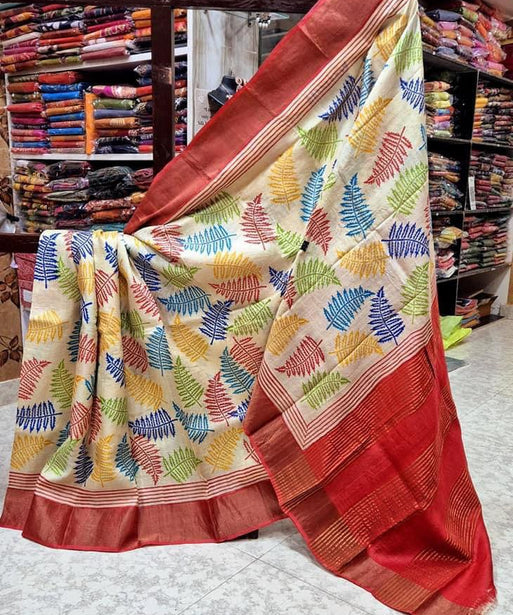 Tussar Handprint Sarees with Kanchi Pallu in Multicolor