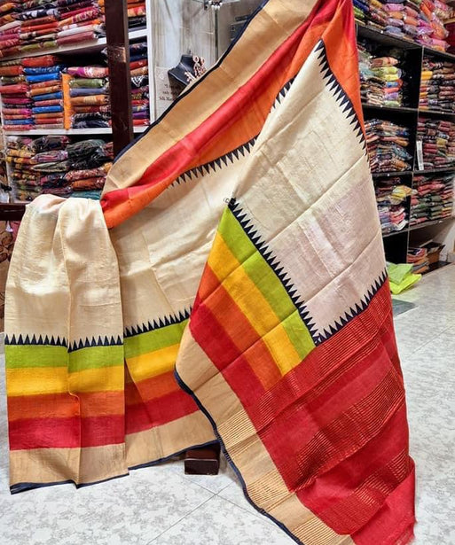 Tussar Handprint Sarees with Kanchi Pallu in off white