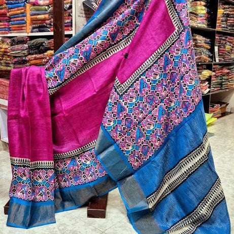 Tussar Handprint Sarees with Kanchi Pallu in Magenta