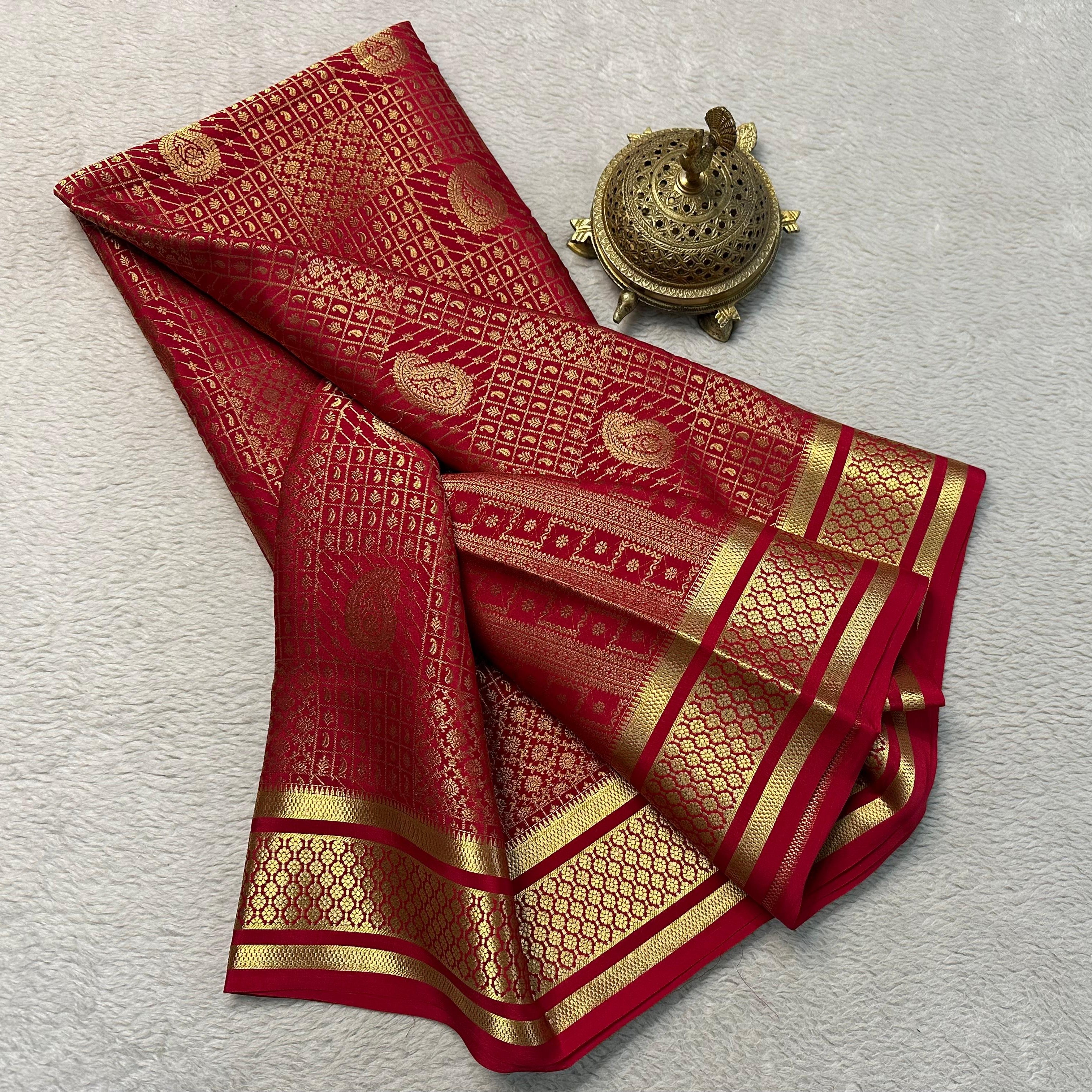 Royal Charm: Stunning Brocade Silk Saree in Red