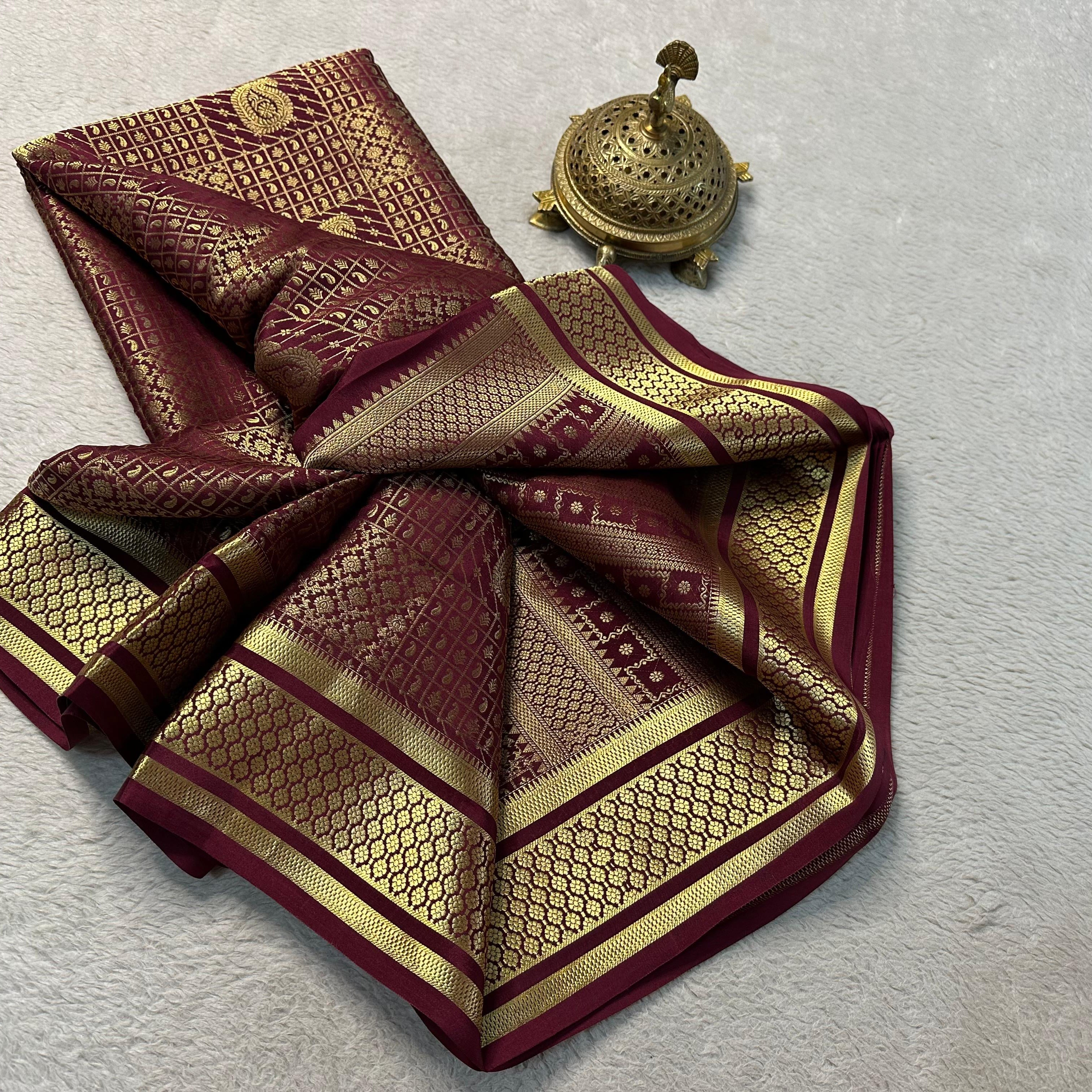 Royal Charm: Stunning Brocade Silk Saree in Wine