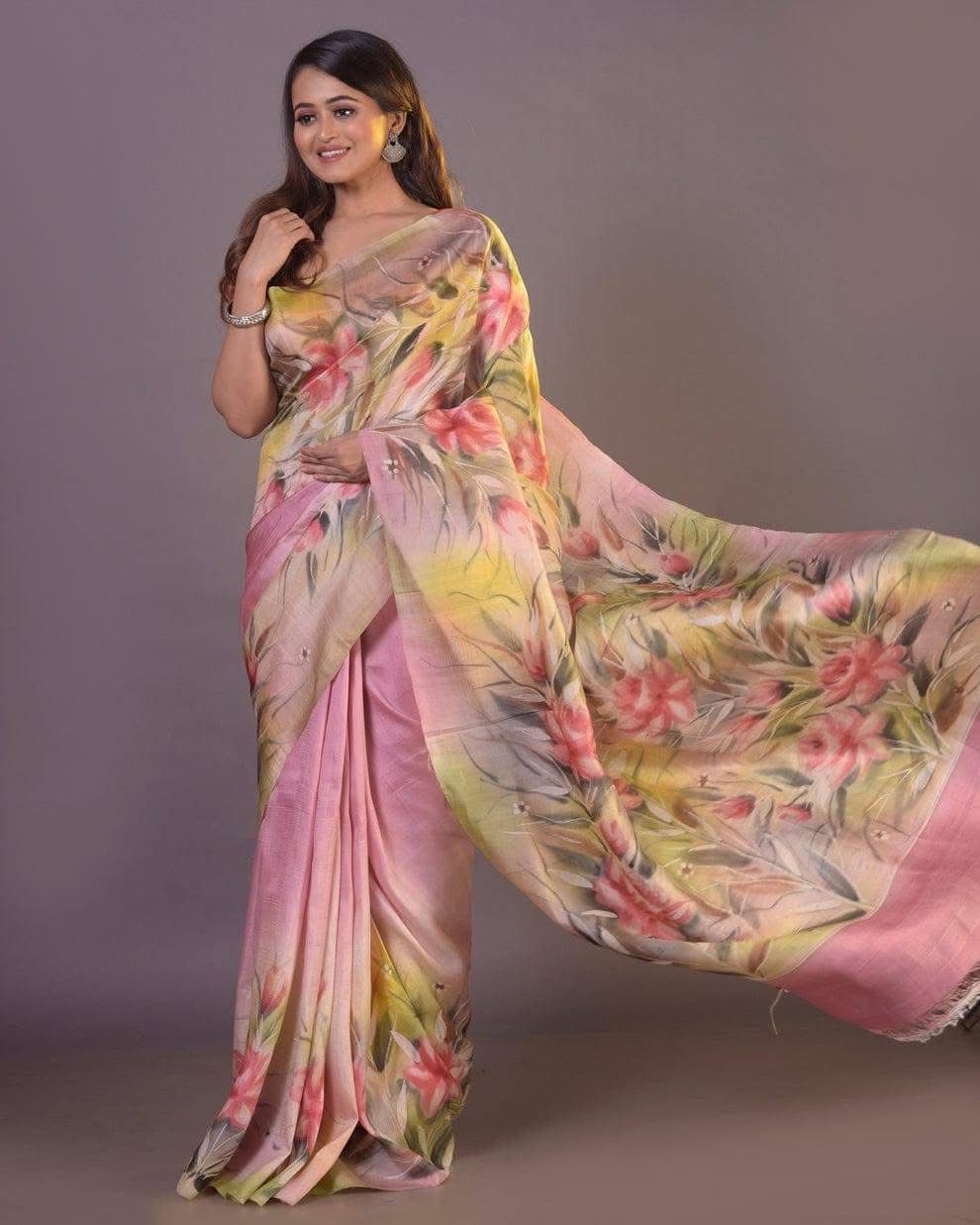 Pure Silk Designer Saree With Indian Handprint Art Perfect For Ethnic Events