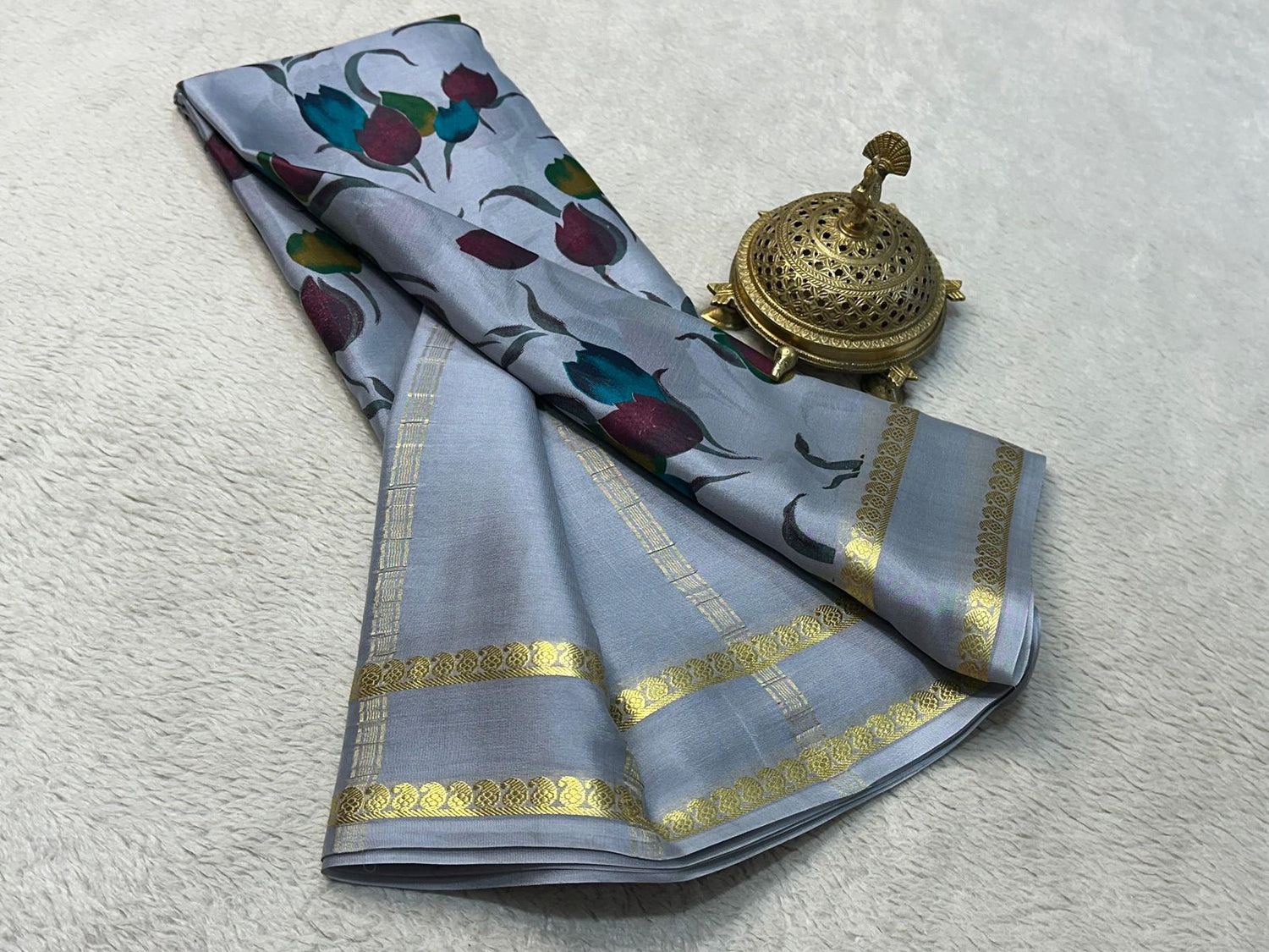 Vibrant Traditional Mysore Crepe Saree With Printed Patterns Fancy Collection
