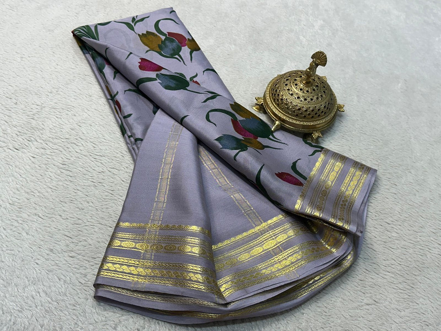 Occasion Wear Fancy Saree In Pure Mysore Crepe Silk With Traditional Print Work