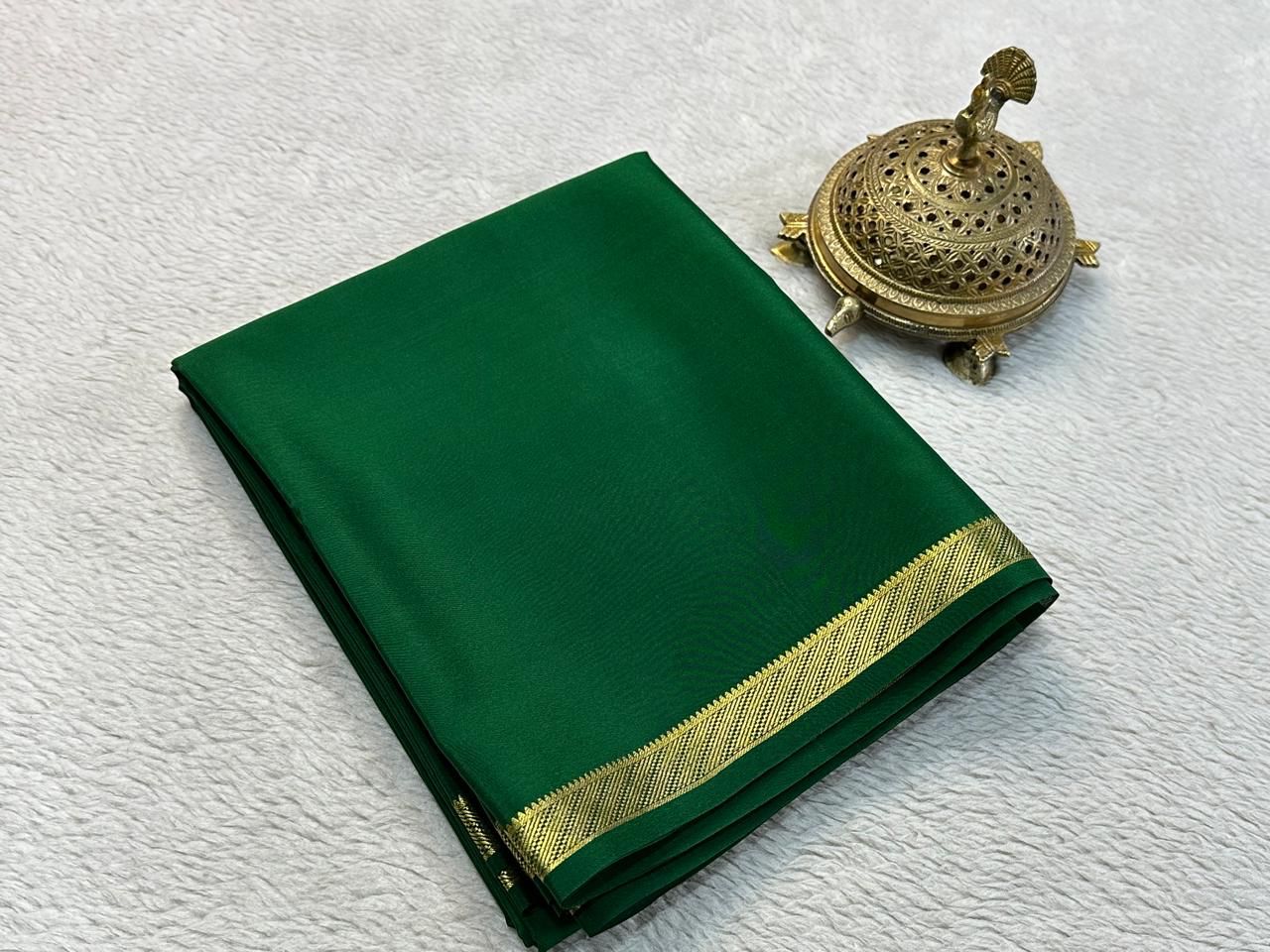 Traditional Mysore Silk Crepe Saree In Bottal Green With Polished Zari Detailing