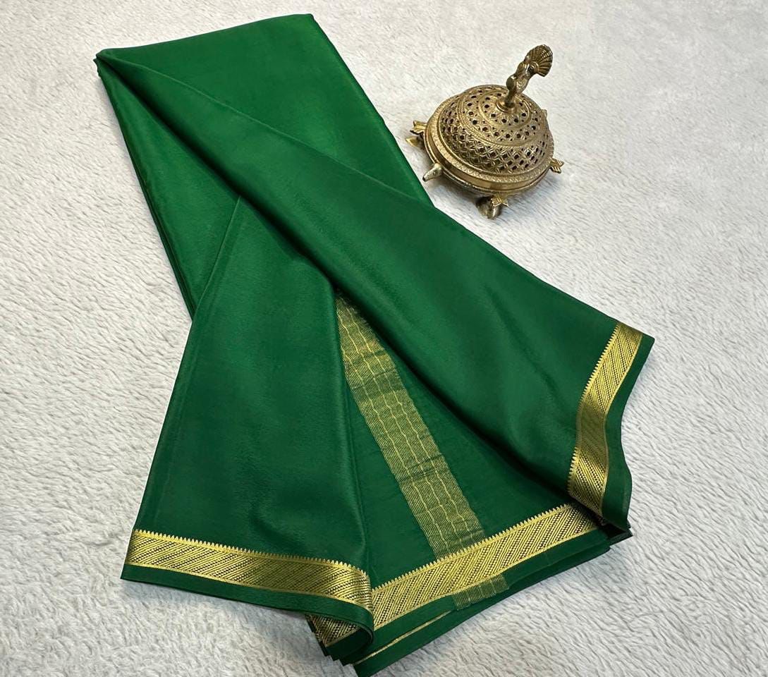 Traditional Mysore Silk Crepe Saree In Bottal Green With Polished Zari Detailing