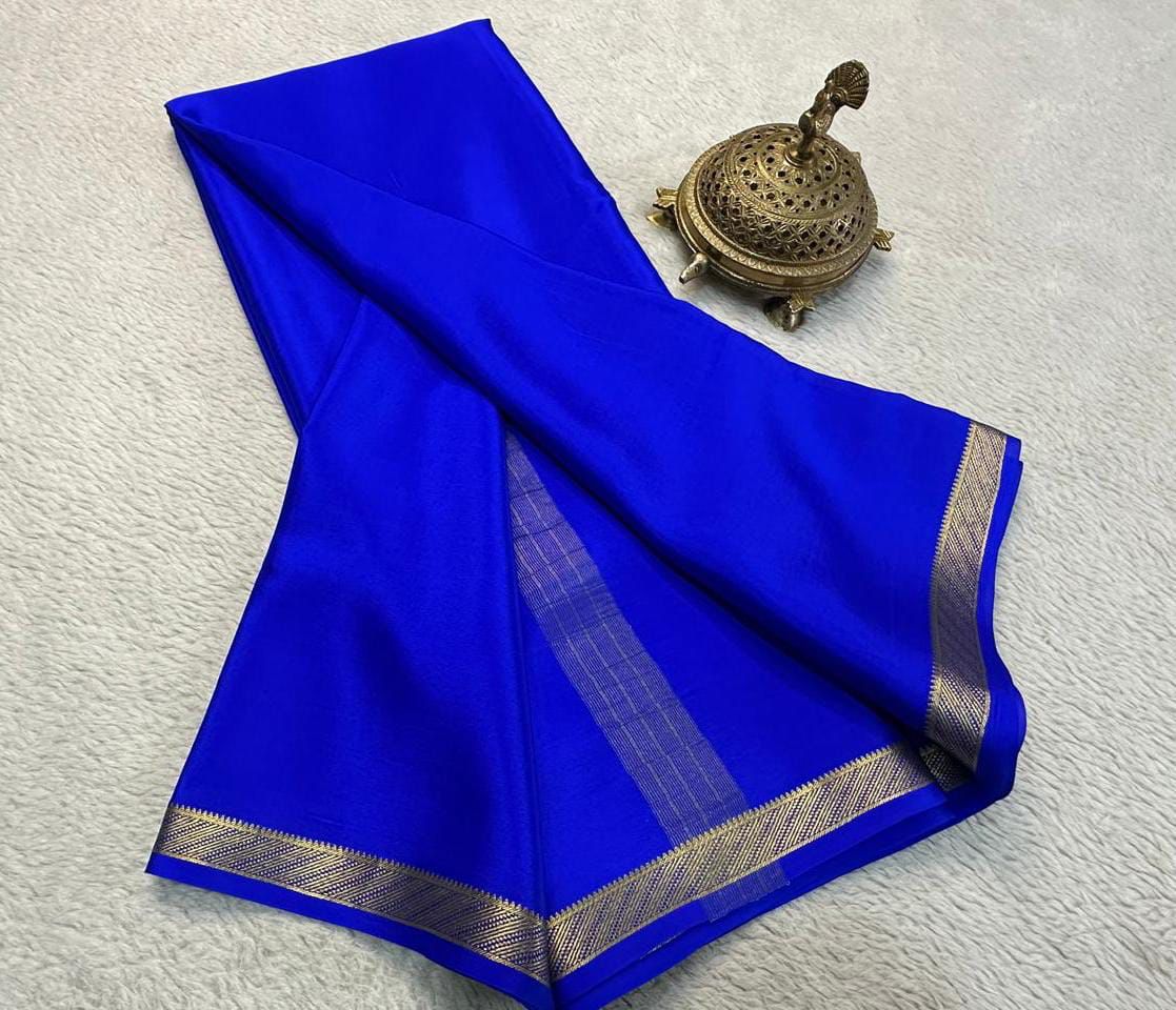 Regal Mysore Crepe Silk Saree In Royal Blue With Contrasting Zari Border