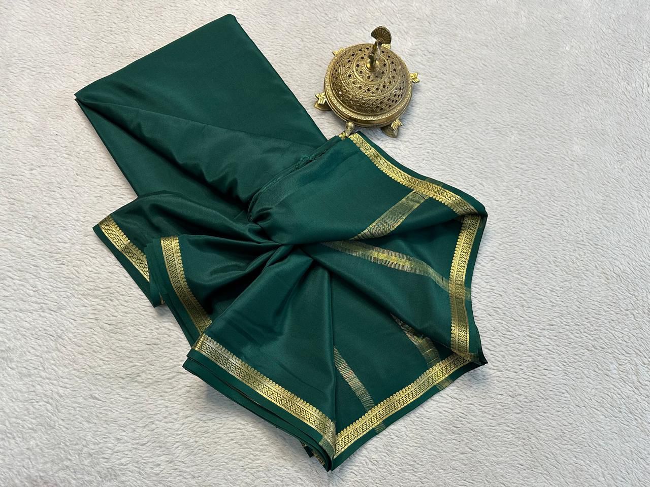 Festive Ready Green Mysore Crepe Plain Silk Saree With Ornate Zari Border