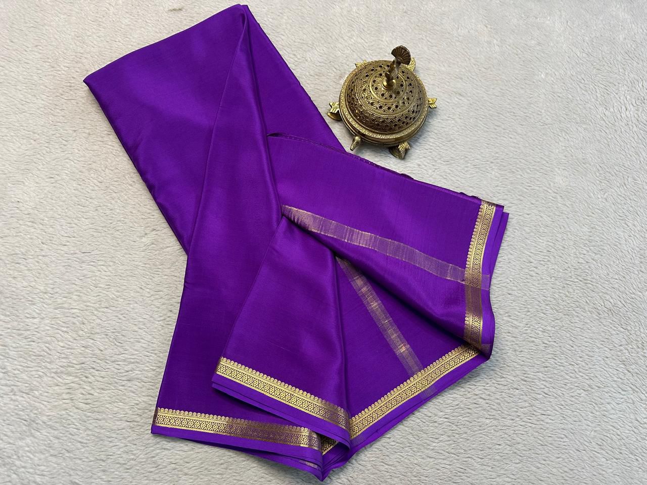 Soft And Lustrous Mysore Crepe Silk Saree In Light Purple With Simple Zari Accents