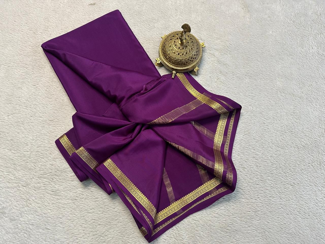 Wine Pure Mysore Crepe Silk Saree With Elegant Zari Trim Plain And Classic