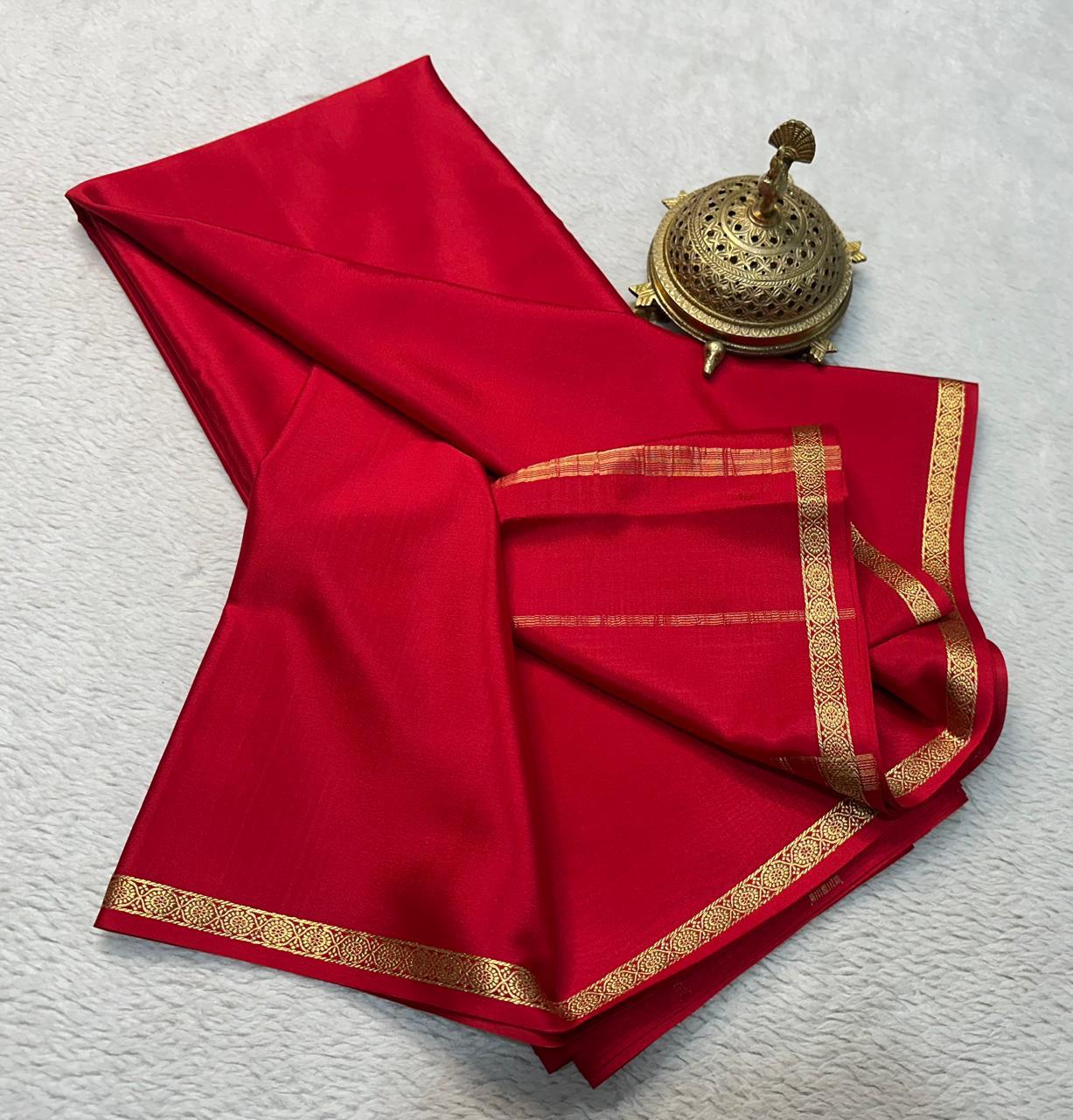 Timeless Traditional Mysore Crepe Silk Saree In Red With Gold Zari Border
