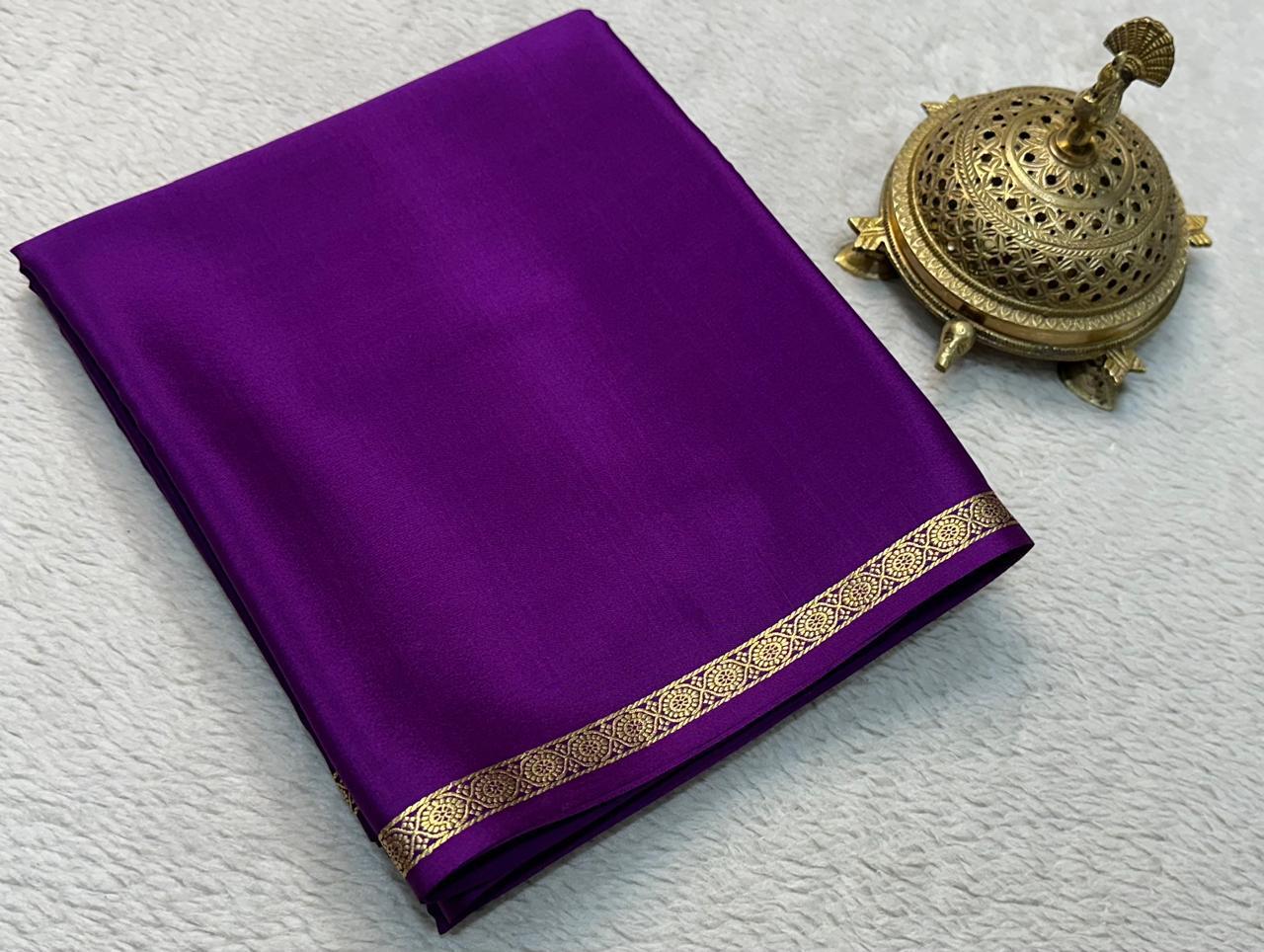 Purple Mysore Silk Crepe Saree With Minimalist Plain Body And Zari Border
