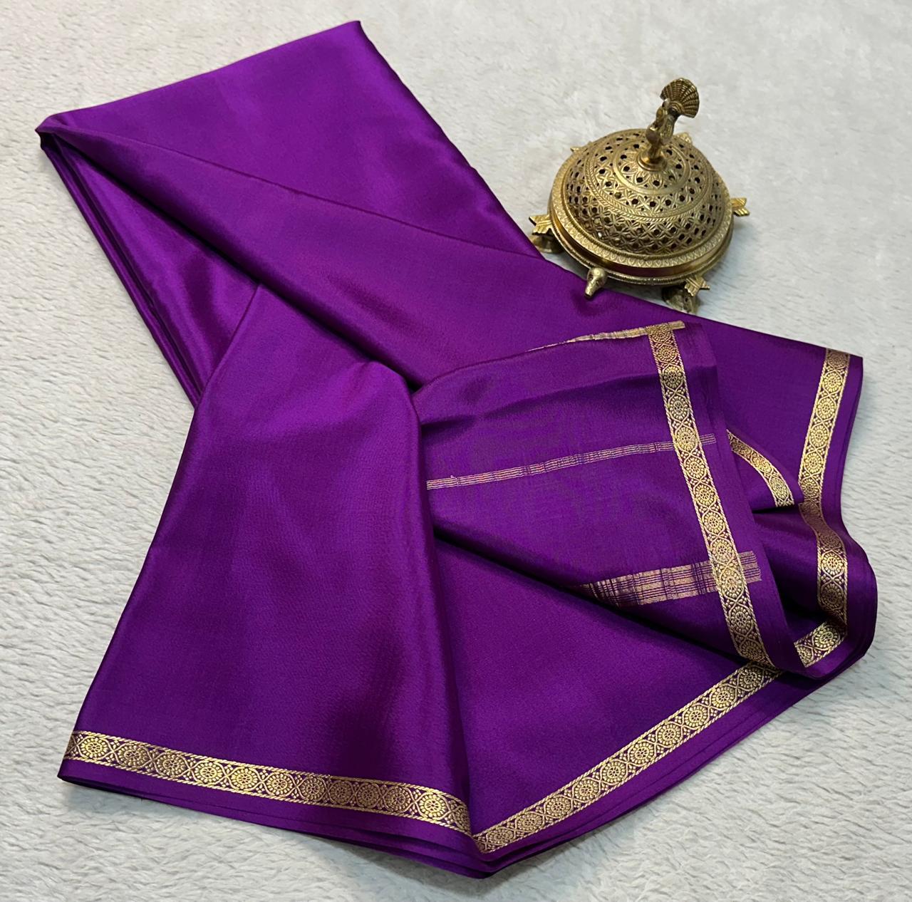 Purple Mysore Silk Crepe Saree With Minimalist Plain Body And Zari Border