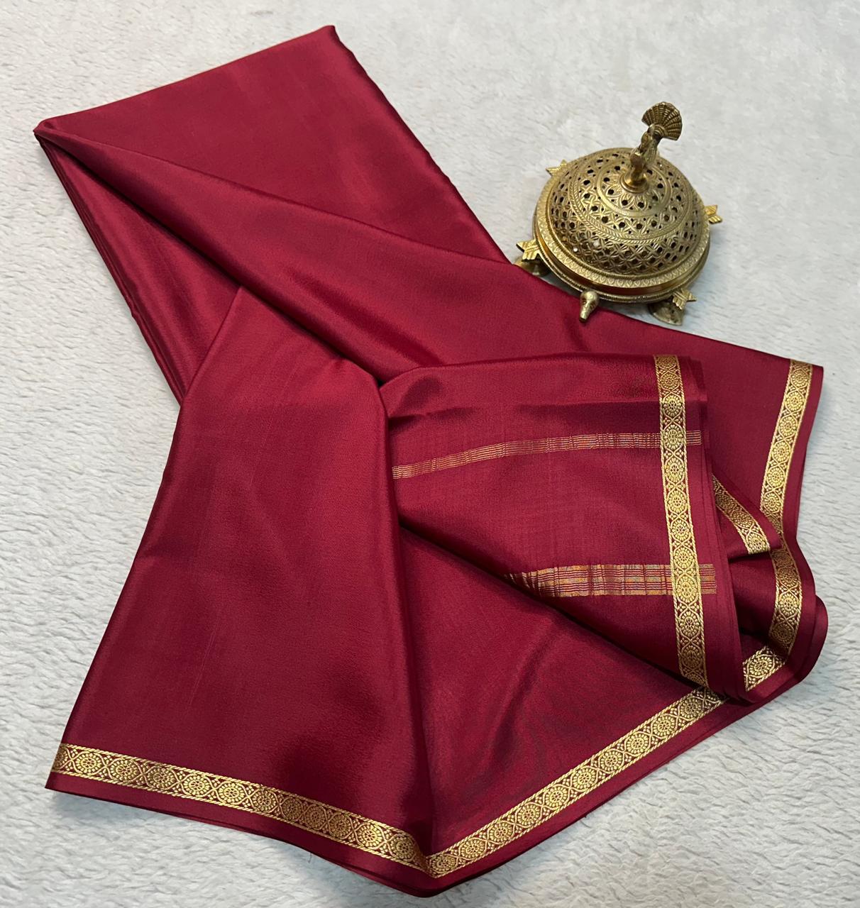 Traditional Mysore Crepe Silk Saree In Maroon With Classic Zari Edging