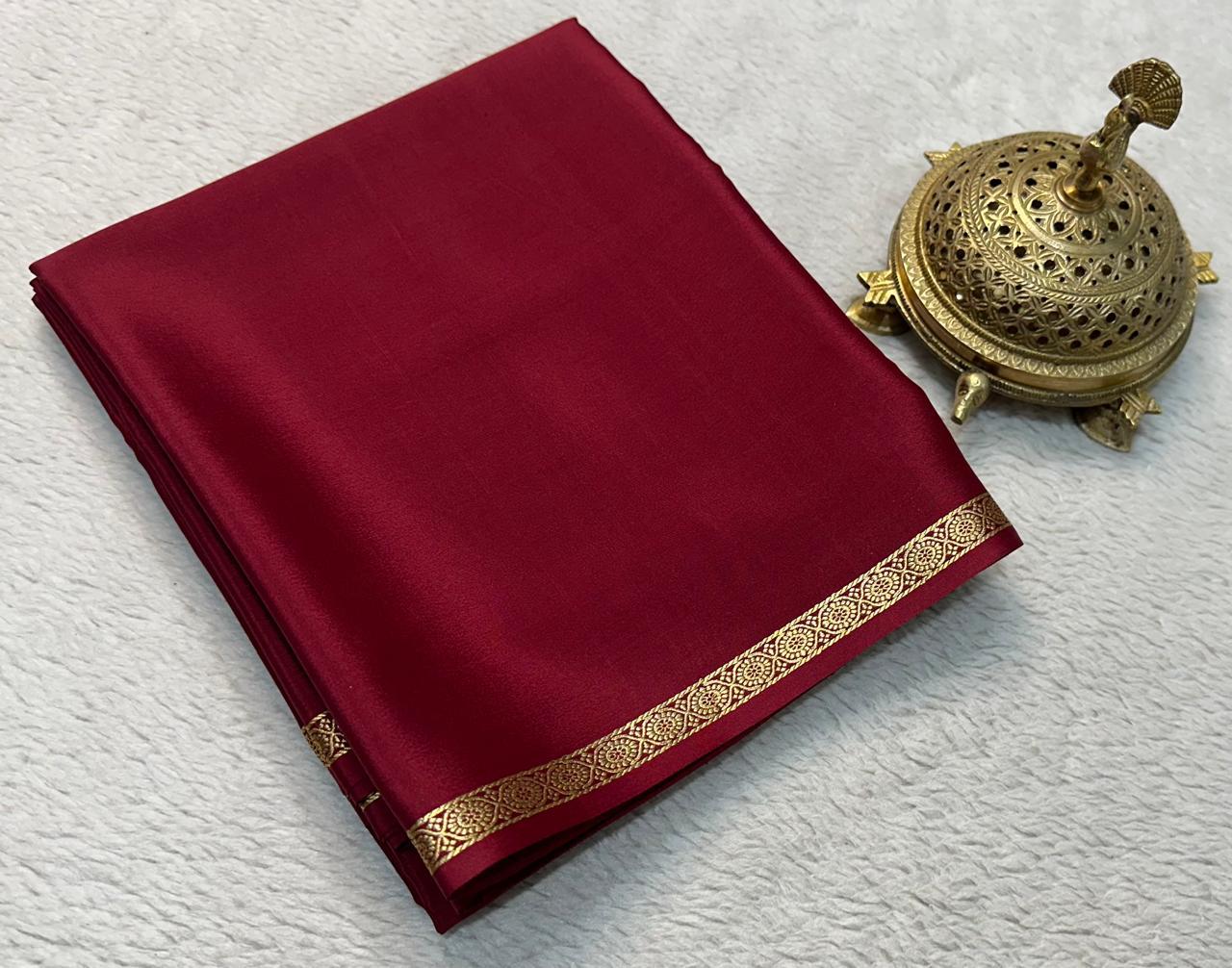 Traditional Mysore Crepe Silk Saree In Maroon With Classic Zari Edging