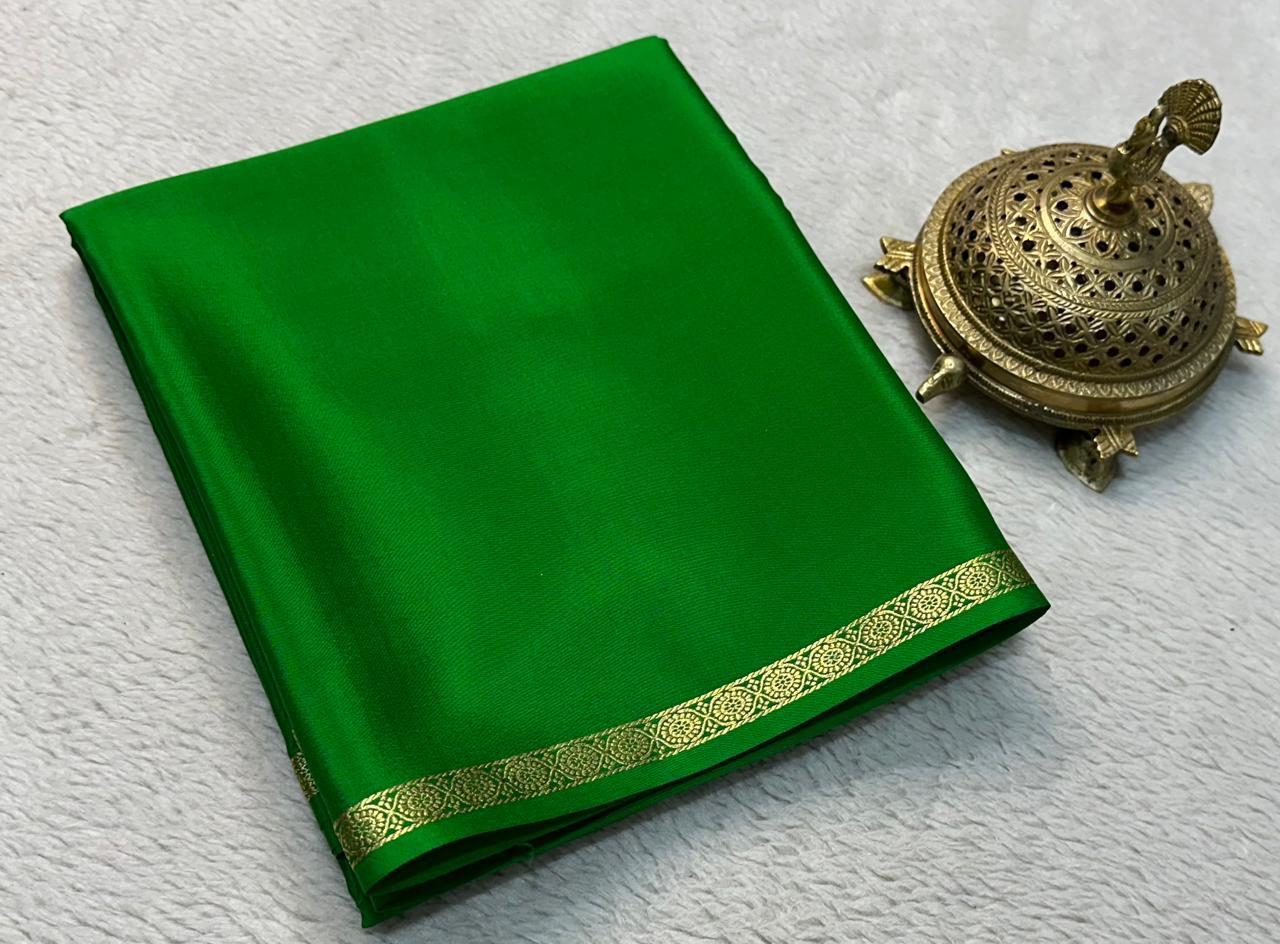 Elegant Green Plain Mysore Crepe Silk Saree With Rich Zari Border