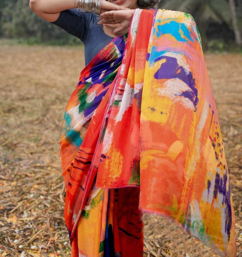 Captivating Multicolour Traditional Cotton Print Saree For Celebrate Holi Festive Look