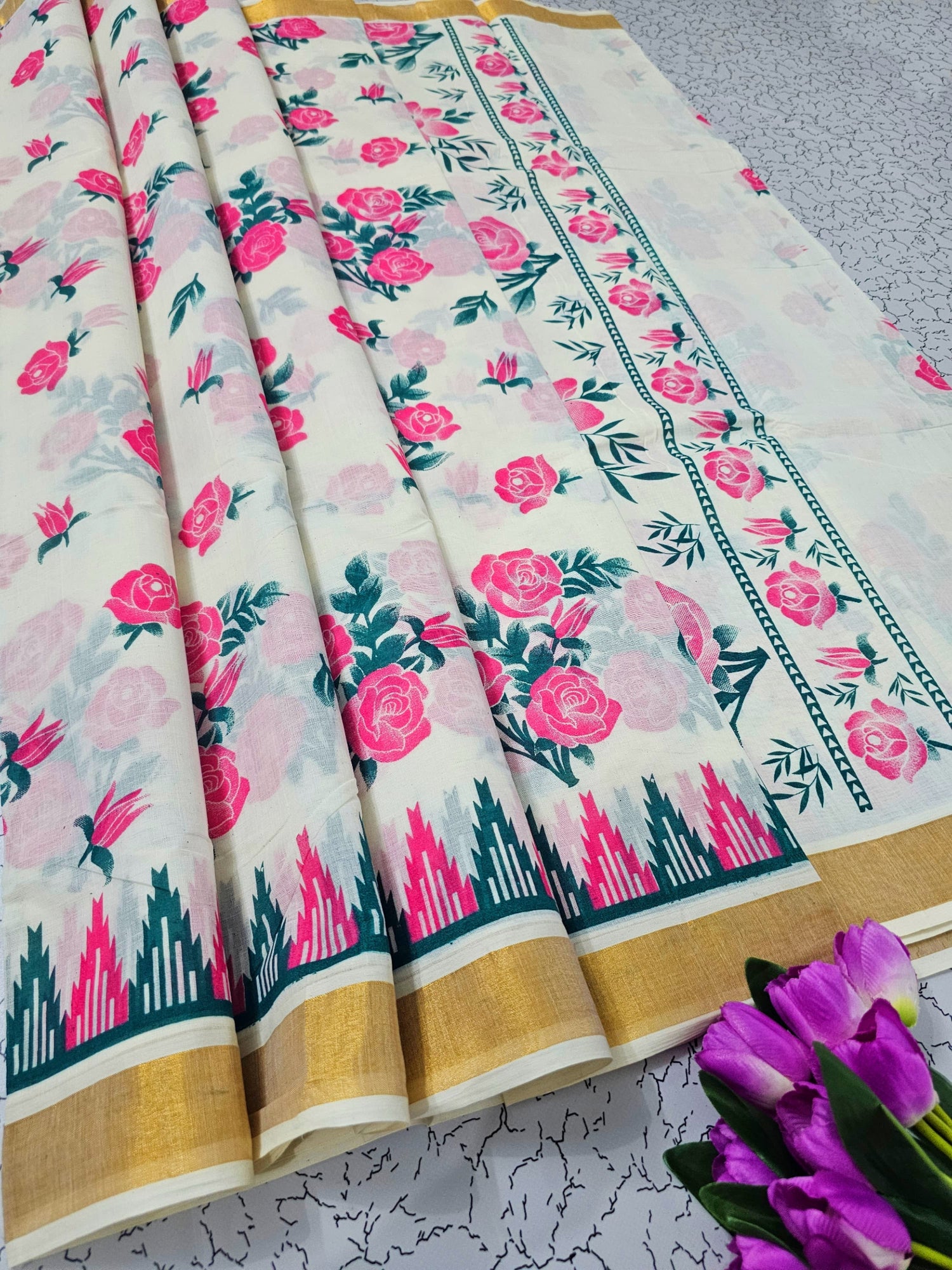 Traditional Southloom Kerala Cotton Linen Saree In White And Pink With Printed Design