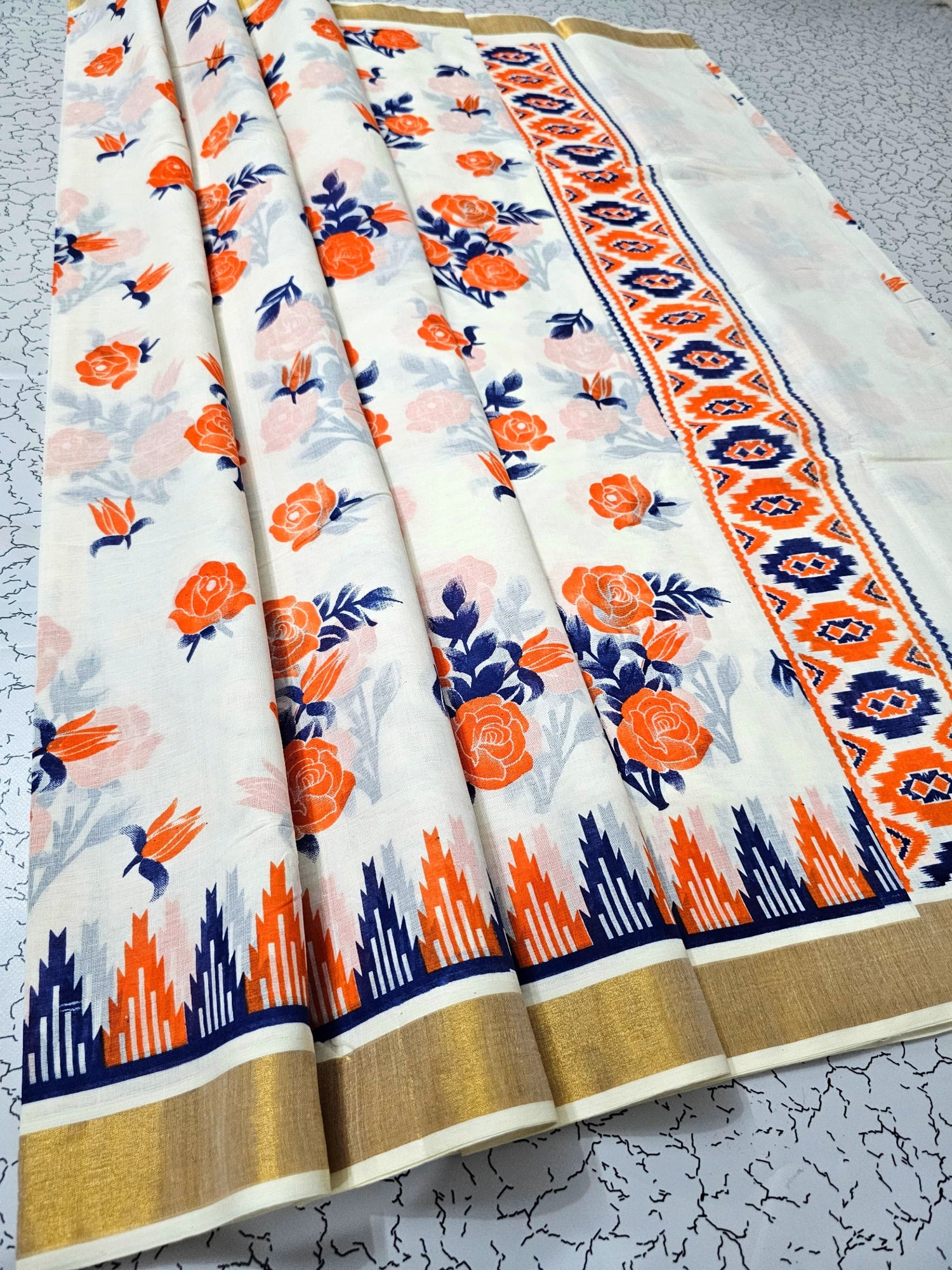 Elegant White And Pink Kerala Linen Cotton Printed Saree With Unstitched Blouse Piece