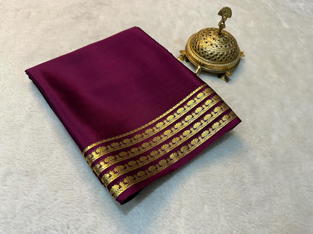 Wedding Wear Purple Mysore Silk Saree With Trendy Contrast Blouse