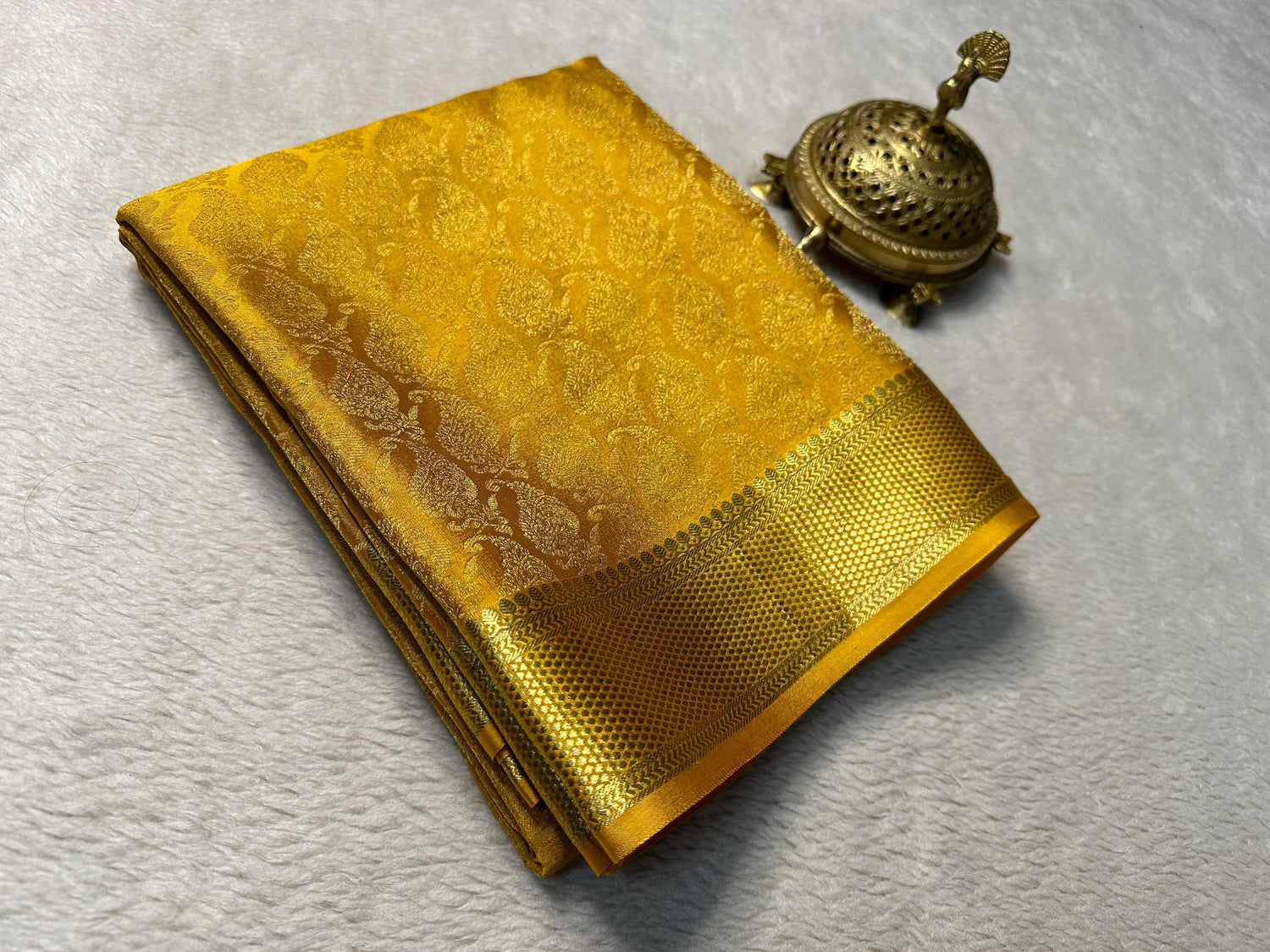 Classic Golden Mysore Silk Saree With Intricate Brocade Work And Rich Pallu