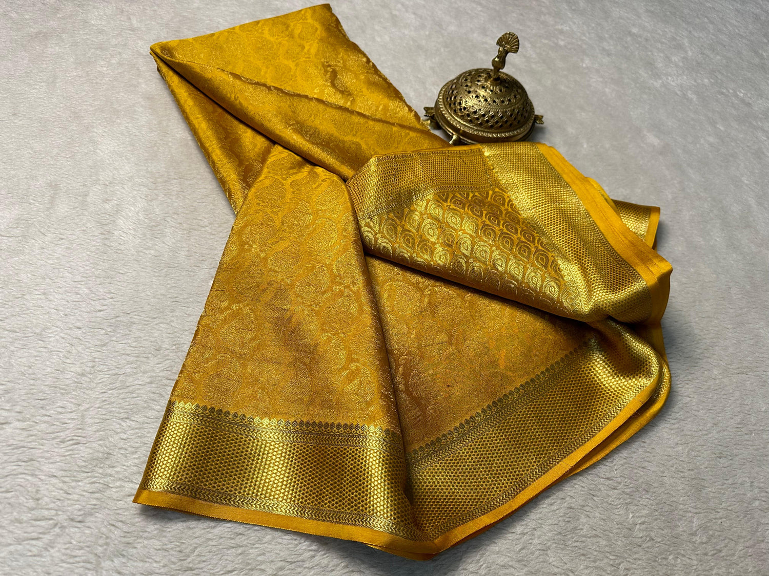 Classic Golden Mysore Silk Saree With Intricate Brocade Work And Rich Pallu