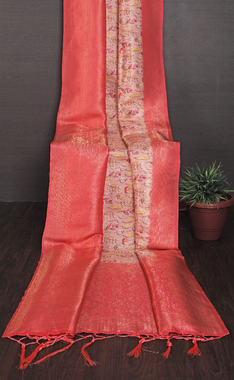 Vibrant Orange Soft Silk Saree With Digital Motif Work