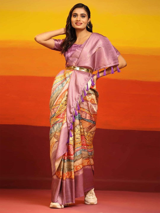Digital Printed Purple Silk Saree Fancy Traditional Drape For Occasions