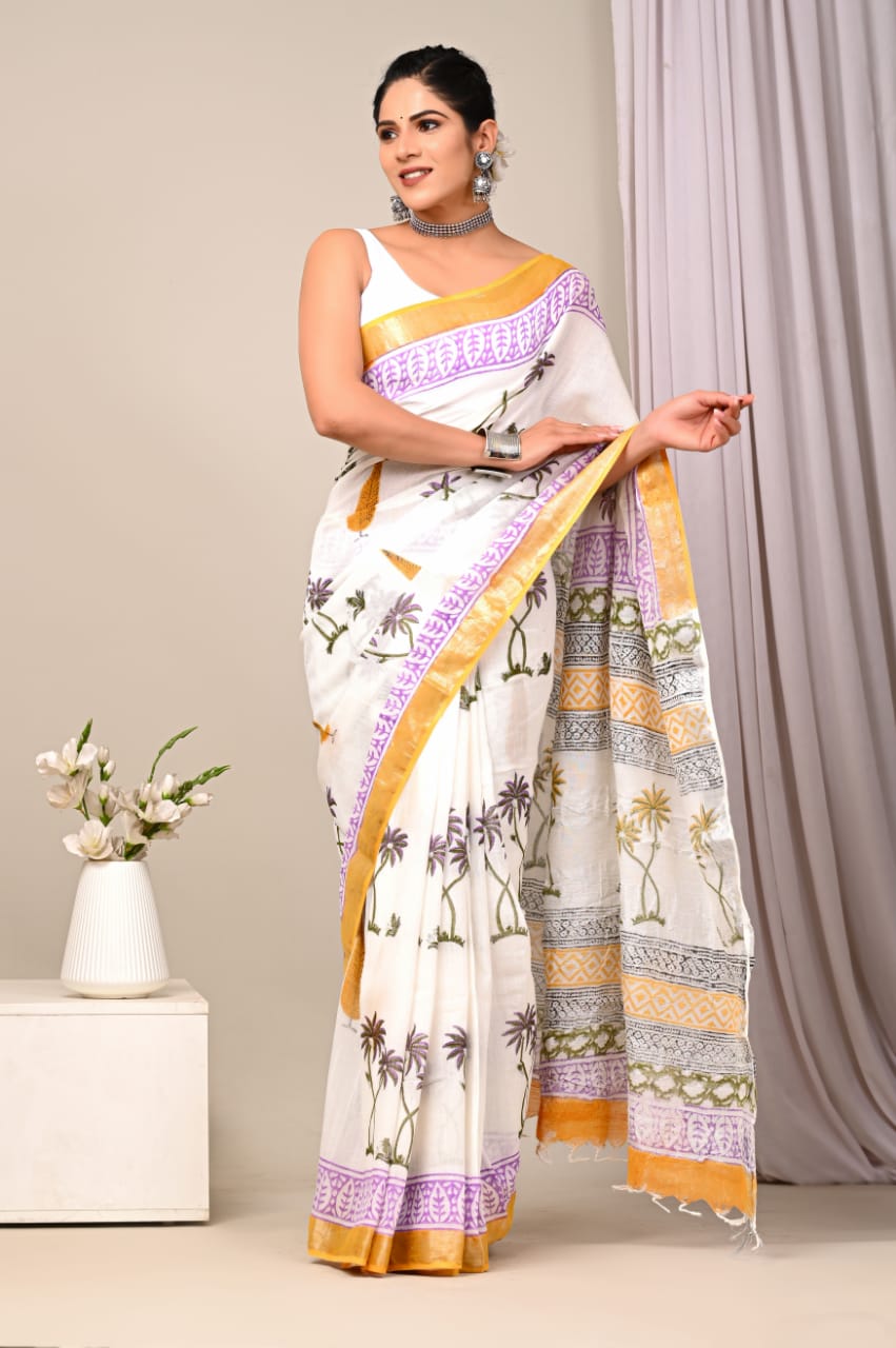 Handpicked Printed Linen Saree For Events Comes With Fancy Designer Blouse