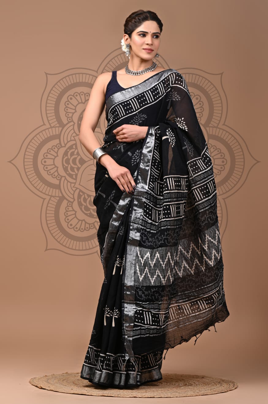 Pure Linen Saree For Weddings And Gatherings Printed Elegance With Stylish Blouse