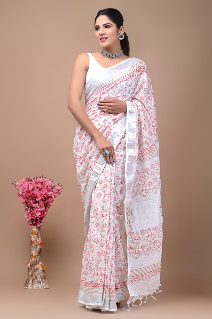 Printed Pure Linen Saree Set With Partywear Designer Blouse For Women