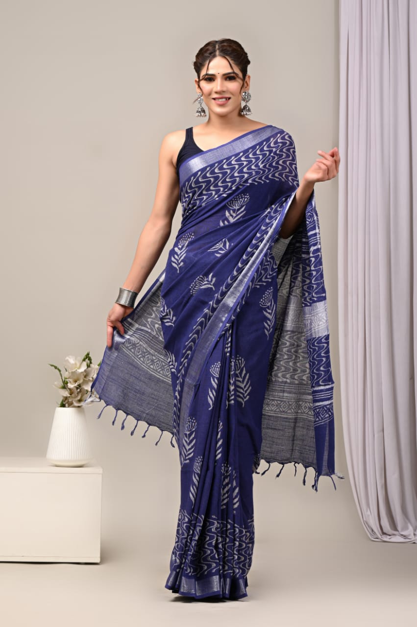 Heritage Look Pure Linen Saree With Printed Design And Fashion Blouse Combo