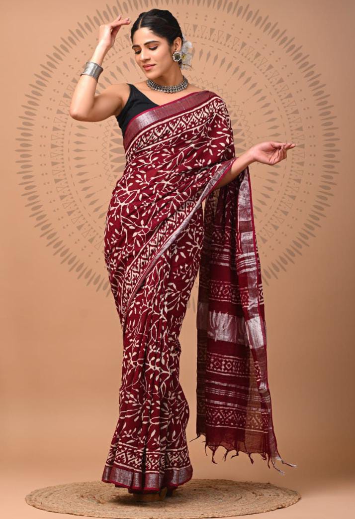 Designer Approved Printed Linen Saree With Stylish Blouse For Cultural Events