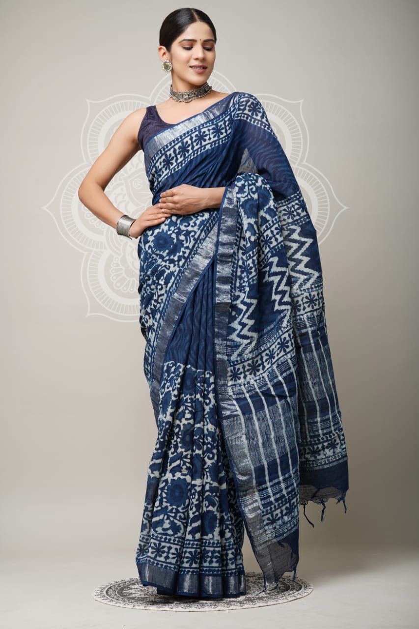 Premium Pure Linen Saree With All Over Print And Designer Occasion Blouse