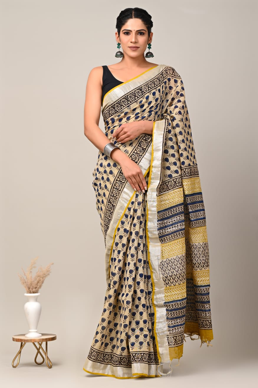 Sleek Printed Linen Occasion Saree With Premium Designer Blouse Piece