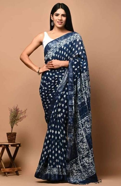 Navy Blue Traditional Linen Saree With Stylish Blouse Occasion Wear Special