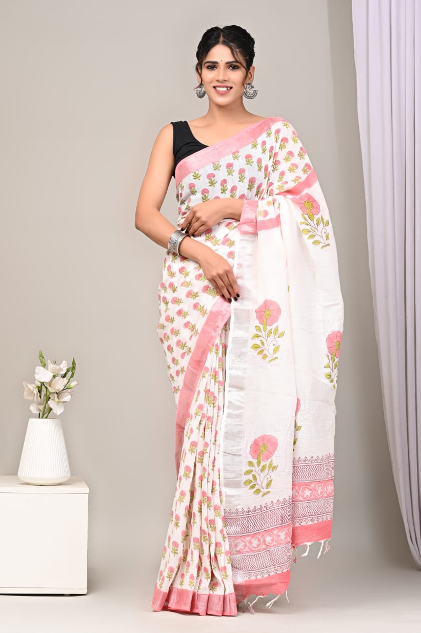 Pure Linen Occasion Saree With Unique Prints And Trendy Designer Blouse