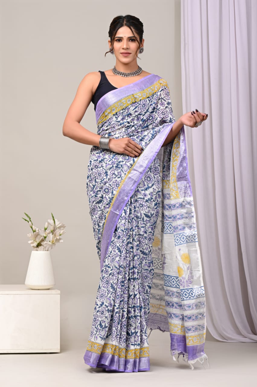 White Pure Linen Festive Saree With Elegant Blouse For Special Events
